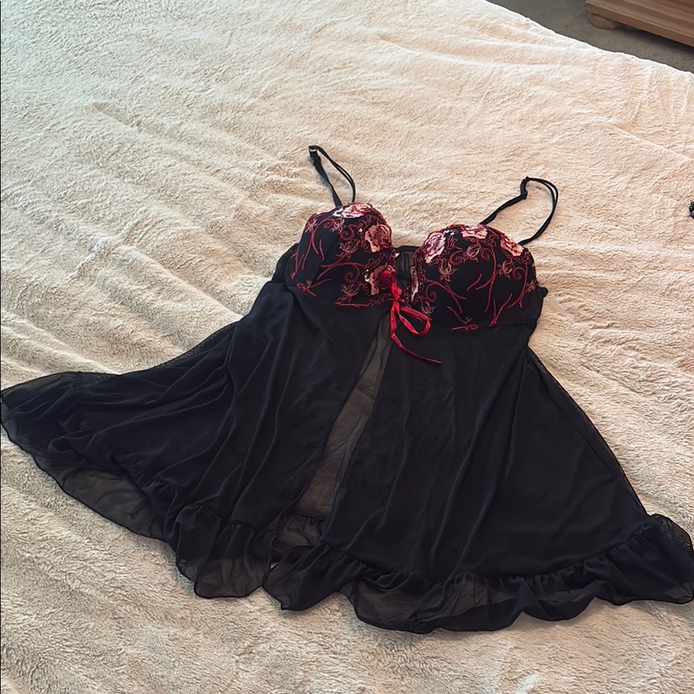 Black and Red Chemise with Lace Details